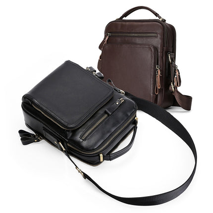 6028 Multifunctional Fashion Top-grain Leather Messenger Bag Casual Men Shoulder Bag (Black)-garmade.com