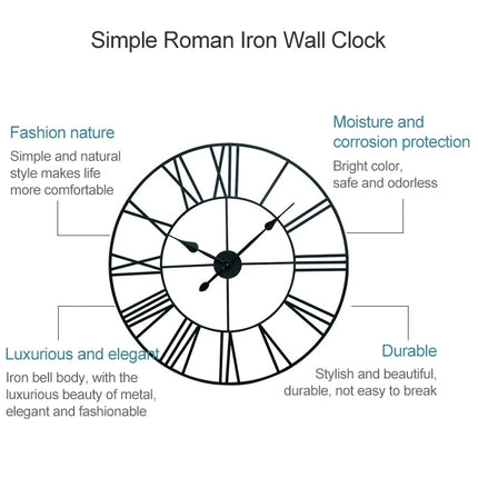 45cm Retro Living Room Iron Round Roman Numeral Mute Decorative Wall Clock (Black)-garmade.com