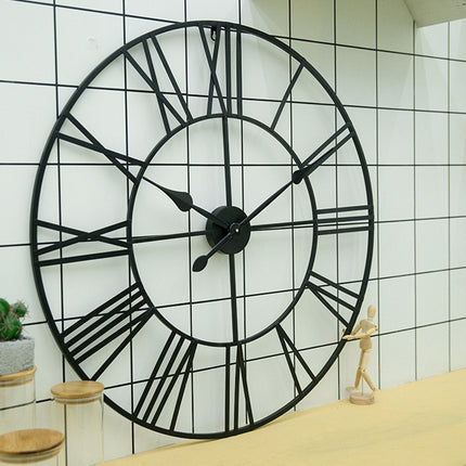 45cm Retro Living Room Iron Round Roman Numeral Mute Decorative Wall Clock (Black)-garmade.com