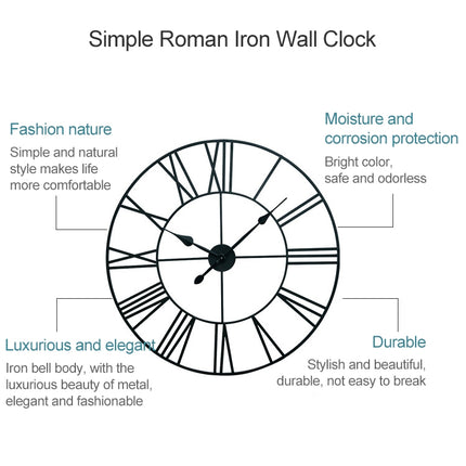 45cm Retro Living Room Iron Round Roman Numeral Mute Decorative Wall Clock (Silver)-garmade.com