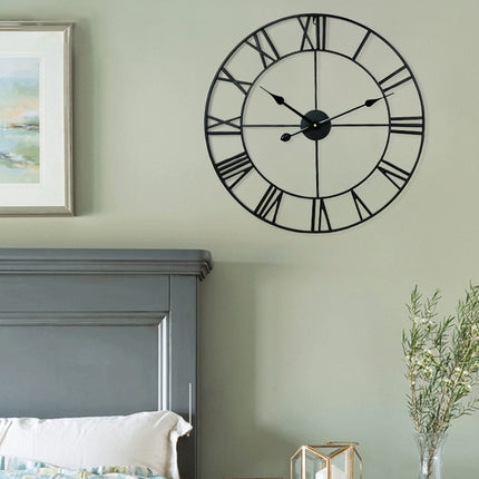 45cm Retro Living Room Iron Round Roman Numeral Mute Decorative Wall Clock (Silver)-garmade.com