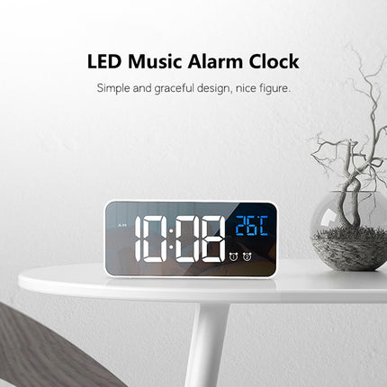 Bedside Alarm Clock Sound Control Mirror LED Music Clock (White)-garmade.com