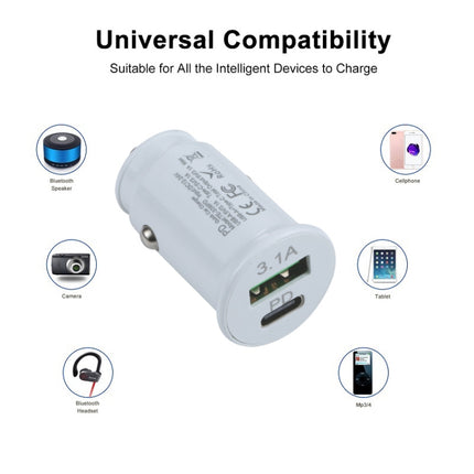 TE-339PD 3.1A PD USB-C / Type-C + USB Interface Mini Fast Charging Car Charger(White)-garmade.com
