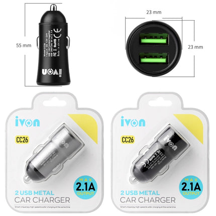 IVON CC26 5V 2.1A Dual USB Port Mini Car Charger (Grey)-garmade.com