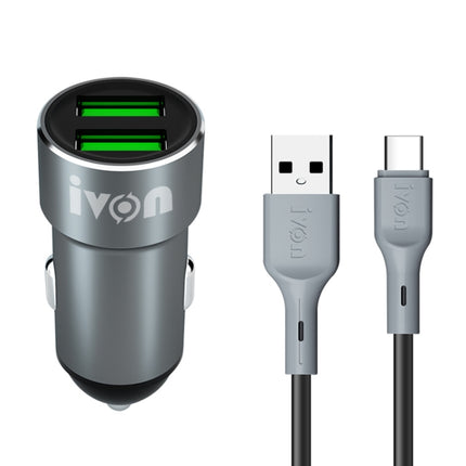 IVON CC38 2.4A Dual USB Car Charger + 1m USB to USB-C / Type-C Fast Charge Data Cable Set-garmade.com