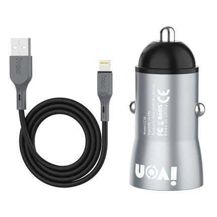 IVON CC39 18W 3.1A QC 3.0 USB Car Charger + 1m USB to 8 Pin Fast Charge Data Cable Set-garmade.com