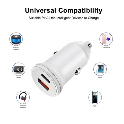 PD 20W USB-C / Type-C + QC 3.0 USB Interface Fast Charging Car Charger (White)-garmade.com