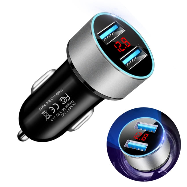JMG-C016A 5V 3.1A Car Dual USB Charger with LED Display(Silver)-garmade.com