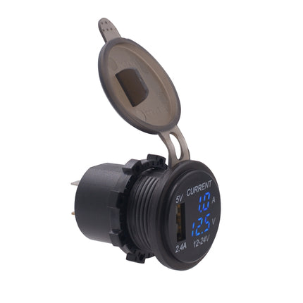 Universal Car Single Port USB Charger Power Outlet Adapter 2.4A 5V IP66 with LED Digital Voltmeter + Ammeter + 60cm Cable(Blue Light)-garmade.com