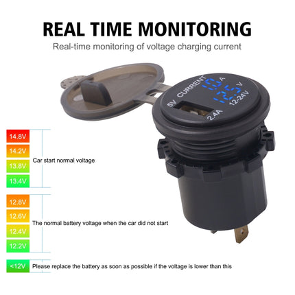 Universal Car Single Port USB Charger Power Outlet Adapter 2.4A 5V IP66 with LED Digital Voltmeter + Ammeter + 60cm Cable(Blue Light)-garmade.com