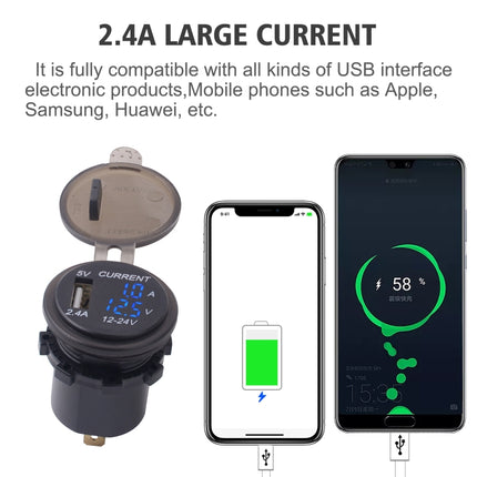 Universal Car Single Port USB Charger Power Outlet Adapter 2.4A 5V IP66 with LED Digital Voltmeter + Ammeter + 60cm Cable(Blue Light)-garmade.com