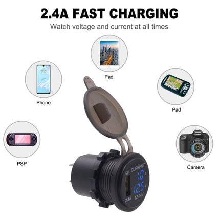 Universal Car Single Port USB Charger Power Outlet Adapter 2.4A 5V IP66 with LED Digital Voltmeter + Ammeter + 60cm Cable(Blue Light)-garmade.com