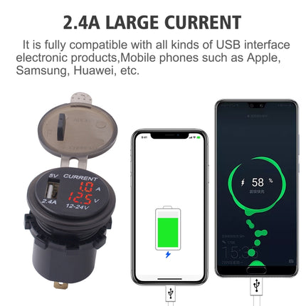 Universal Car Single Port USB Charger Power Outlet Adapter 2.4A 5V IP66 with LED Digital Voltmeter + Ammeter + 60cm Cable(Red Light)-garmade.com