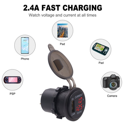 Universal Car Single Port USB Charger Power Outlet Adapter 2.4A 5V IP66 with LED Digital Voltmeter + Ammeter + 60cm Cable(Red Light)-garmade.com