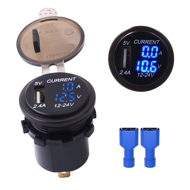 Universal Car Single Port USB Charger Power Outlet Adapter 2.4A 5V IP66 with LED Digital Voltmeter + Ammeter(Blue Light)-garmade.com