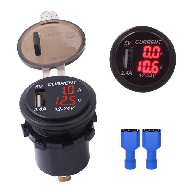 Universal Car Single Port USB Charger Power Outlet Adapter 2.4A 5V IP66 with LED Digital Voltmeter + Ammeter(Red Light)-garmade.com