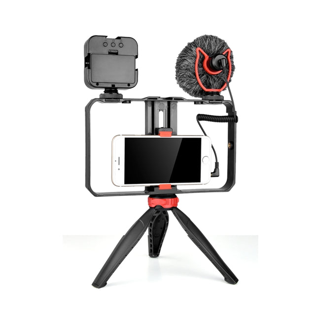 YELANGU PC204 YLG1801D Vlogging Live Broadcast LED Selfie Light Smartphone Video Rig Handle Stabilizer Bracket Kits with Microphone & Tripod-garmade.com