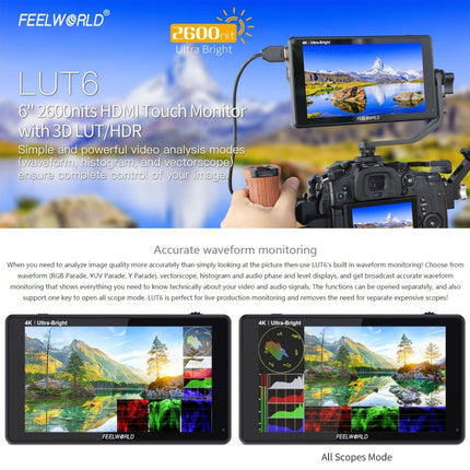 FEELWORLD LUT6 1920x1080 2600 nits 6 inch IPS Screen HDMI 4K Touch Control Camera Field Monitor-garmade.com