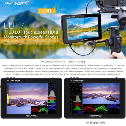 FEELWORLD LUT7 1920x1200 2200 nits 7 inch IPS Screen HDMI 4K Touch Screen Camera Field Monitor-garmade.com