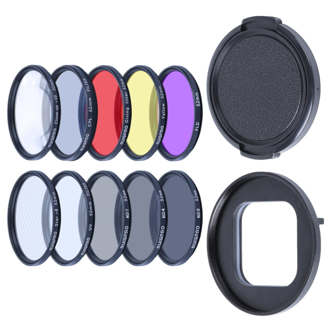 RUIGPRO for GoPro HERO10 Black / HERO9 Black Professional 52mm 52mm 10 in 1 UV+ND2+ND4+ND8+Star 8+ +CPL+Yellow/Red/Purple+10X Close-up Lens Filter with Filter Adapter Ring & Lens Cap-garmade.com