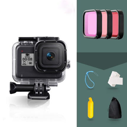 For GoPro HERO8 Black 45m Waterproof Housing Protective Case with Buckle Basic Mount & Screw & (Purple, Red, Pink) Filters & Floating Bobber Grip & Strap & Anti-Fog Inserts (Transparent)-garmade.com