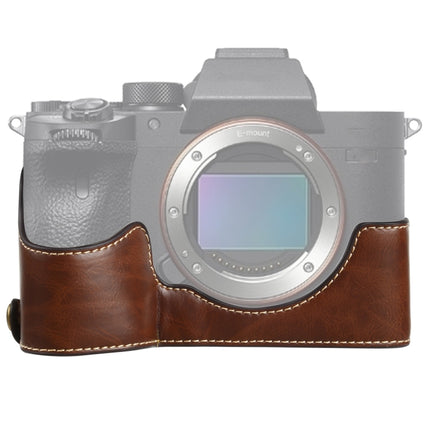 1/4 inch Thread PU Leather Camera Half Case Base for Sony ILCE-7RM4 / A7RM4 / A7R IV (Coffee)-garmade.com