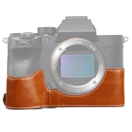 1/4 inch Thread PU Leather Camera Half Case Base for Sony ILCE-7RM4 / A7RM4 / A7R IV (Brown)-garmade.com