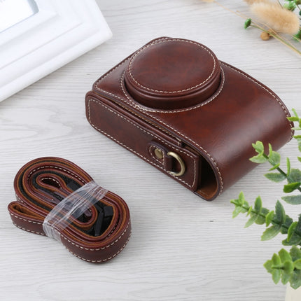 Vertical Flip Full Body Camera PU Leather Case Bag with Strap for Ricoh GR III / GRII, Sony ZV-1 / DSC-RX100M7 / RX100M6 / RX100M5 / RX100M2 (Coffee)-garmade.com