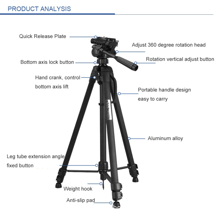 WeiFeng WT-3560 3-Section Folding Legs Live Broadcast Aluminum Alloy Tripod Mount (Black)-garmade.com