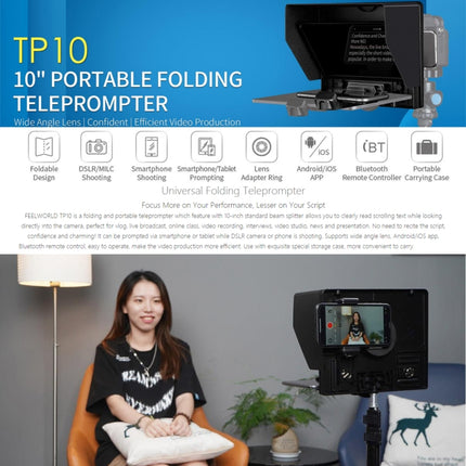 FEELWORLD TP10 Portable 10-inch Folding Teleprompter with Remote Control Lens Adapter Ring For Below 10 inches Smartphone / Tablet (Black)-garmade.com