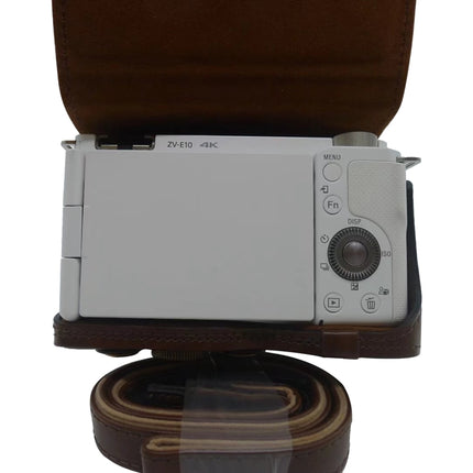 Full Body Camera PU Leather Case Bag for Sony ZV-E10 (Brown)-garmade.com