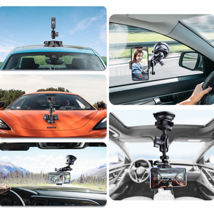 Dual Suction Cup Mount Phone Holder with Tripod Adapter & Steel Tether & Safety Buckle(Black)-garmade.com