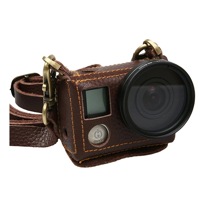 For GoPro HERO4 Litchi Texture Genuine Leather Protective Case with Sling(Brown)-garmade.com