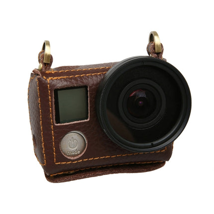 For GoPro HERO4 Litchi Texture Genuine Leather Protective Case with Sling(Brown)-garmade.com