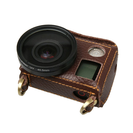For GoPro HERO4 Litchi Texture Genuine Leather Protective Case with Sling(Brown)-garmade.com