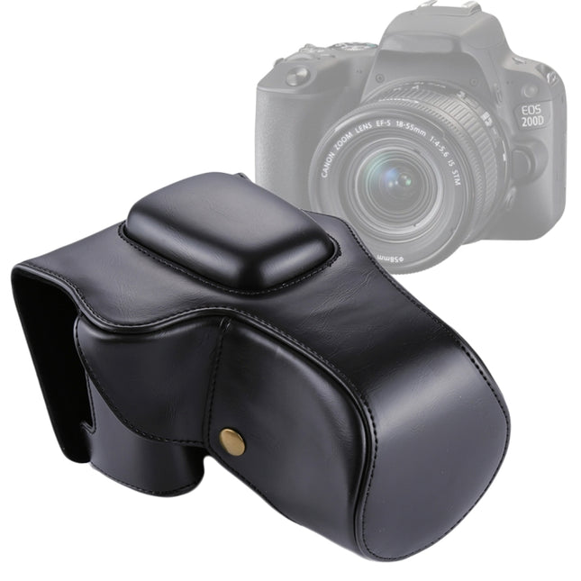 Full Body Camera PU Leather Case Bag for Canon EOS 200D (18-55mm Lens)(Black)-garmade.com