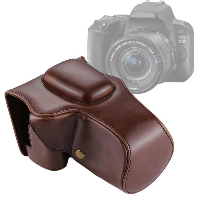 Full Body Camera PU Leather Case Bag for Canon EOS 200D (18-55mm Lens)(Coffee)-garmade.com