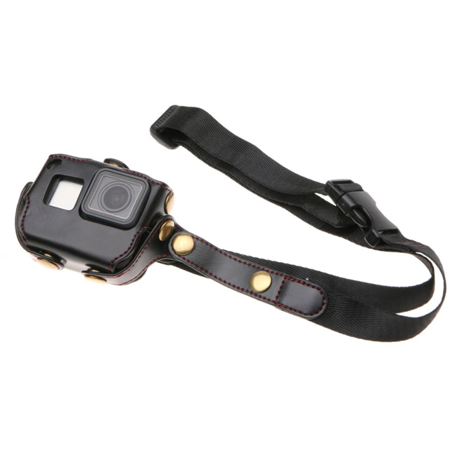 For GoPro HERO7 Black /6 /5 PU Leather Housing Case with Neck Strap & Buttons(Black)-garmade.com