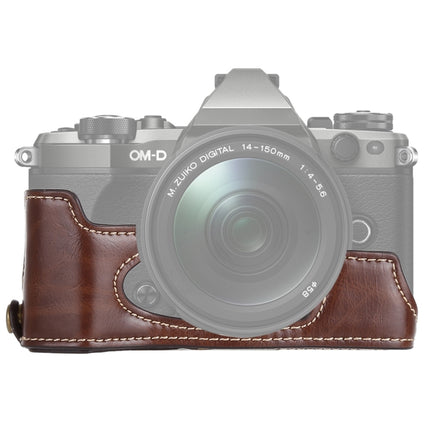 1/4 inch Thread PU Leather Camera Half Case Base for Olympus EM5 / EM5 Mark II (Coffee)-garmade.com
