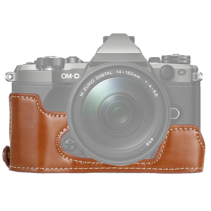 1/4 inch Thread PU Leather Camera Half Case Base for Olympus EM5 / EM5 Mark II (Brown)-garmade.com