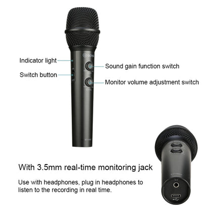 BOYA BY-HM2 Professional Handheld Condenser Microphone 3.5mm Headphone Port with 8 Pin / Type-C / USB Interface 1.2m Extension Cable & Holder-garmade.com