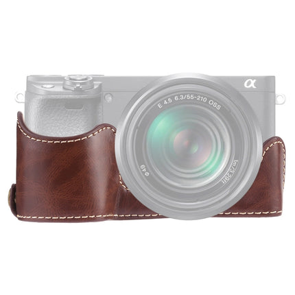 1/4 inch Thread PU Leather Camera Half Case Base for Sony A6400 / ILCE-A6400 (Coffee)-garmade.com