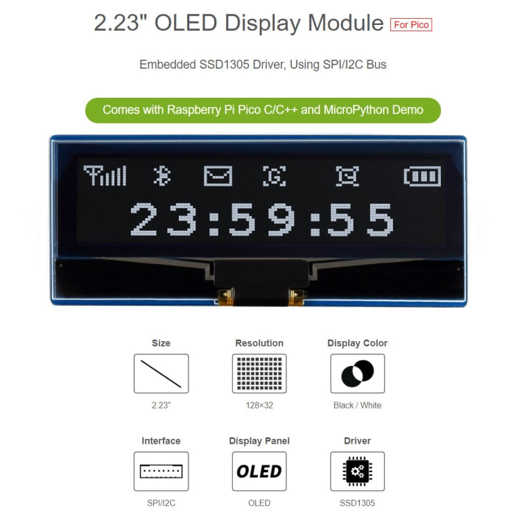 Mini Oled Display Raspberry Pi WAVESHARE 128 x 32 Pixel 2.23 inch OLED Display Module for Raspberry P ...