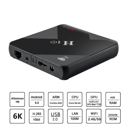 H10 6K HD Smart TV BOX,Android 9.0,Allwinner H6 Quad Core 64-bit ARM Cortex-A53,4GB+64GB, Support TF Card, SPDIF, HDMI, AV, WiFi, RJ45(Black)-garmade.com