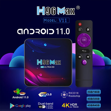 H96 Max V11 4K Smart TV BOX Android 11.0 Media Player wtih Remote Control, RK3318 Quad-Core 64bit Cortex-A53, RAM: 4GB, ROM: 64GB, Support Dual Band WiFi, Bluetooth, Ethernet, US Plug-garmade.com