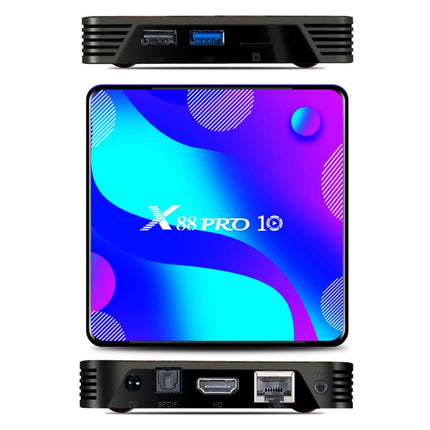 X88 Pro 10 4K Ultra HD Android TV Box with Remote Controller, Android 10.0, RK3318 Quad-Core 64bit Cortex-A53, 2GB+16GB, Support Bluetooth / Dual-Band WiFi / TF Card / USB / AV / Ethernet(EU Plug)-garmade.com