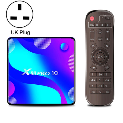 X88 Pro 10 4K Ultra HD Android TV Box with Remote Controller, Android 10.0, RK3318 Quad-Core 64bit Cortex-A53, 4GB+32GB, Support Bluetooth / Dual-Band WiFi / TF Card / USB / AV / Ethernet(UK Plug)-garmade.com