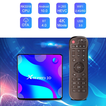 X88 Pro 10 4K Ultra HD Android TV Box with Remote Controller, Android 10.0, RK3318 Quad-Core 64bit Cortex-A53, 4GB+64GB, Support Bluetooth / Dual-Band WiFi / TF Card / USB / AV / Ethernet(AU Plug)-garmade.com