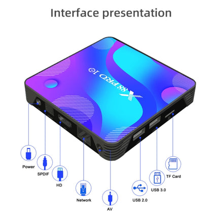 X88 Pro 10 4K Ultra HD Android TV Box with Remote Controller, Android 10.0, RK3318 Quad-Core 64bit Cortex-A53, 4GB+64GB, Support Bluetooth / Dual-Band WiFi / TF Card / USB / AV / Ethernet(UK Plug)-garmade.com