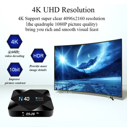 H40 4K Ultra HD Smart TV BOX Android 10.0 Media Player wtih Remote Control, Quad-core, RAM: 4GB, ROM: 64GB (UK Plug)-garmade.com